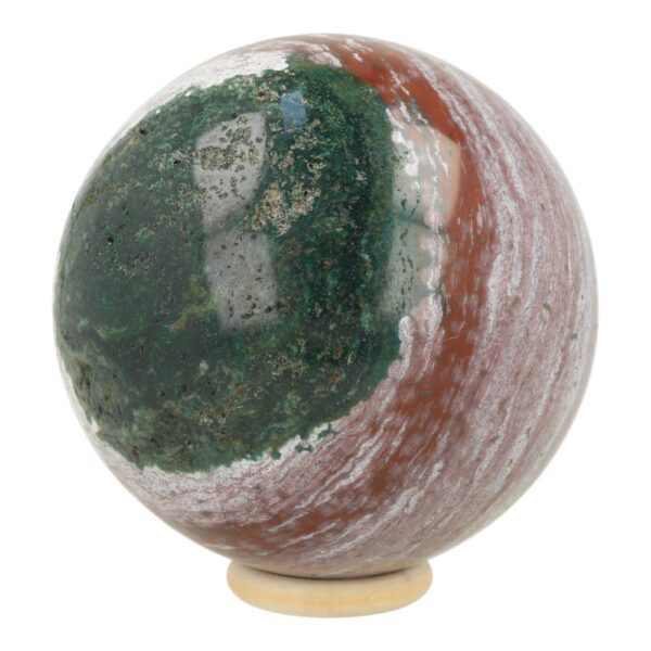 Fraai getekende oceaanjaspis bol met diameter van maar liefst 10cm en houten ring